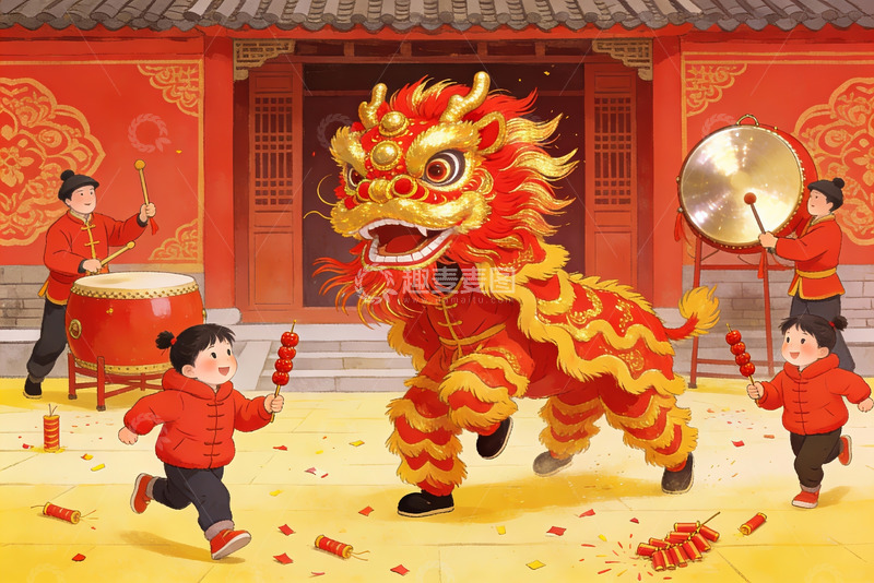高清大图下载【趣麦麦图】春节舞狮儿童欢庆场景