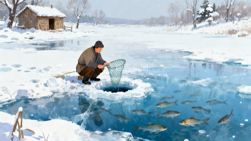 高清大图下载【趣麦麦图】雪地冰钓场景