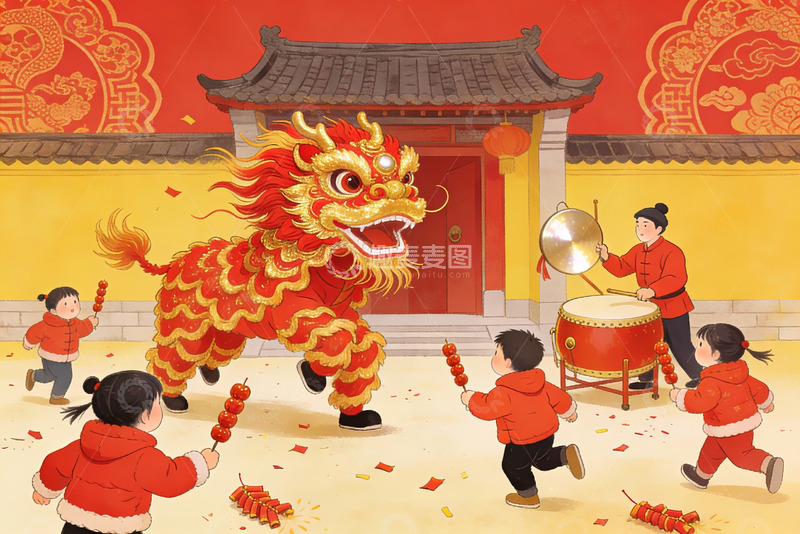 高清大图下载【趣麦麦图】春节舞狮儿童欢庆场景