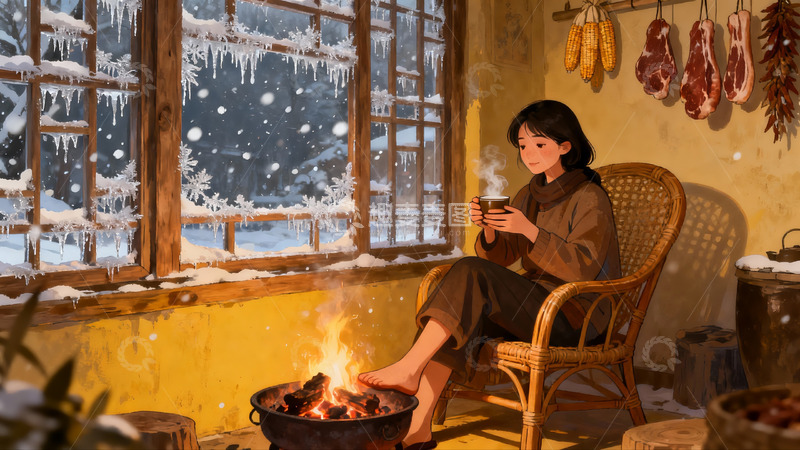 高清大图下载【趣麦麦图】冬日暖屋女子围炉取暖