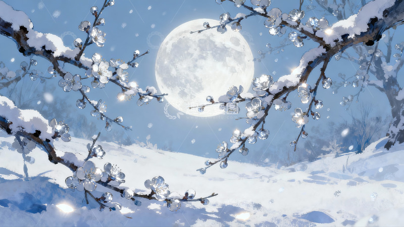 高清大图下载【趣麦麦图】雪夜月光下的梅花枝