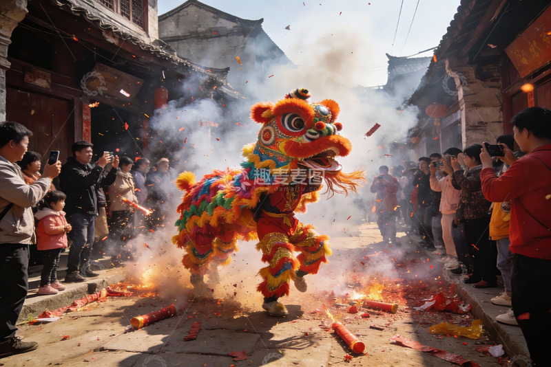 高清大图下载【趣麦麦图】街头舞狮表演热闹非凡