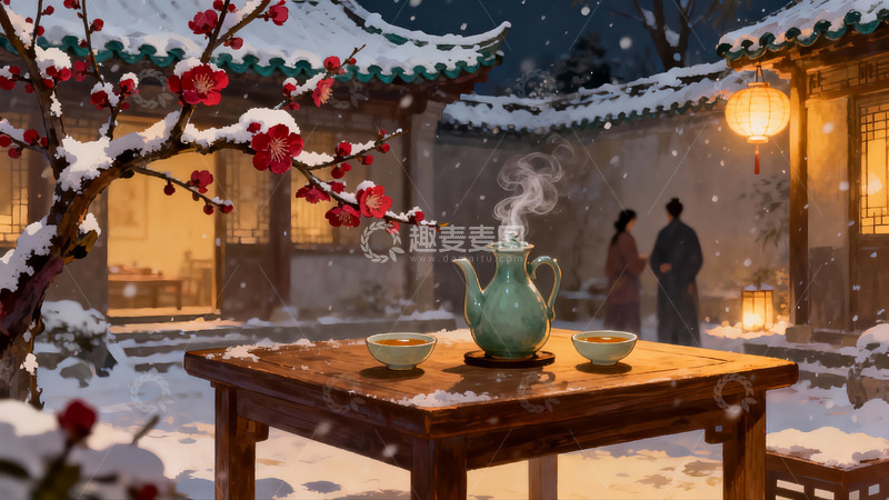高清大图下载【趣麦麦图】雪夜庭院茶香袅袅