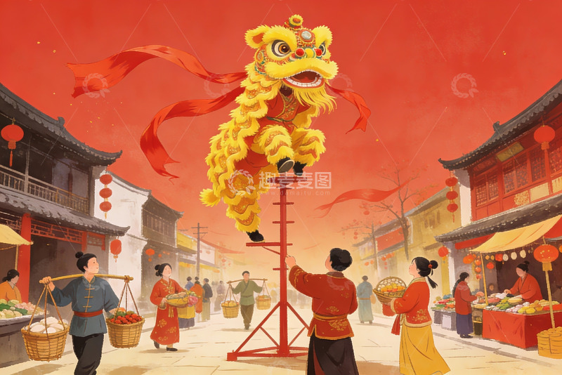 高清大图下载【趣麦麦图】传统舞狮街头热闹场景