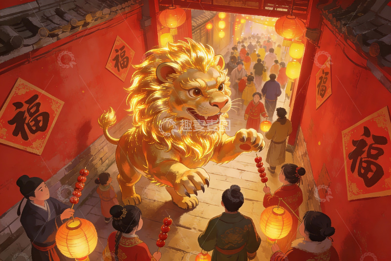 高清大图下载【趣麦麦图】春节舞狮热闹街景