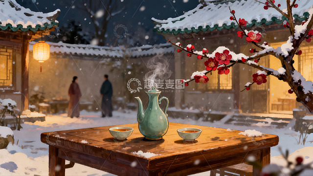 雪夜庭院茶香袅袅