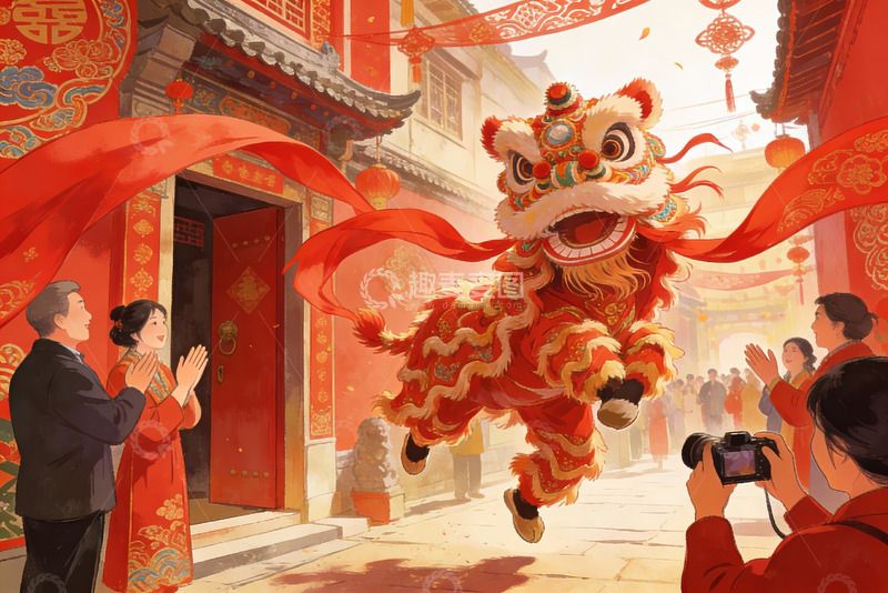 高清大图下载【趣麦麦图】春节舞狮热闹场景