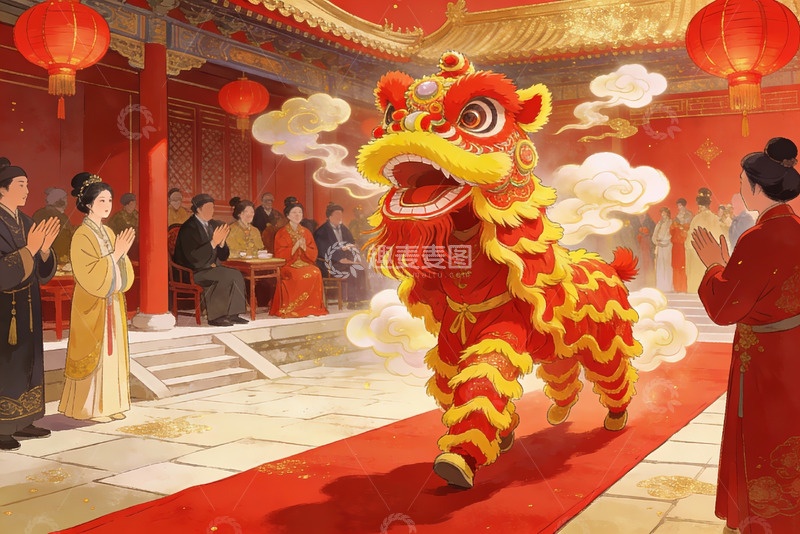 高清大图下载【趣麦麦图】传统舞狮表演热闹场景