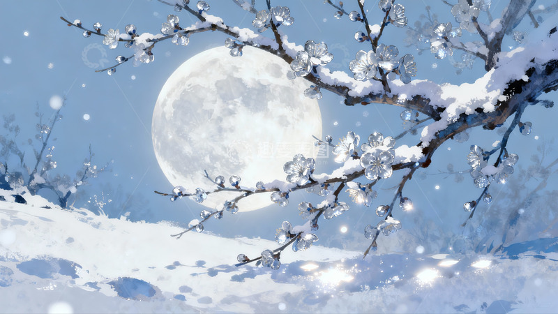 高清大图下载【趣麦麦图】雪夜月光下的梅花枝