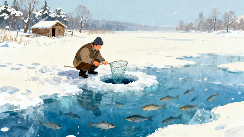 高清大图下载【趣麦麦图】雪地冰钓场景