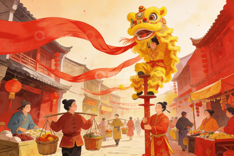高清大图下载【趣麦麦图】热闹街市舞狮庆新春