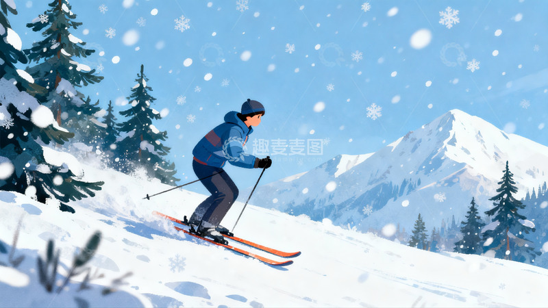 高清大图下载【趣麦麦图】雪地滑雪者在山林间滑行
