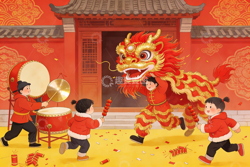 高清大图下载【趣麦麦图】春节舞龙闹元宵儿童欢庆场景