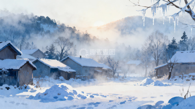 高清大图下载【趣麦麦图】雪后山村晨曦景色