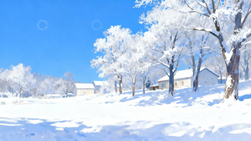 高清大图下载【趣麦麦图】雪景房屋树木蓝天