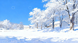雪景房屋树木蓝天