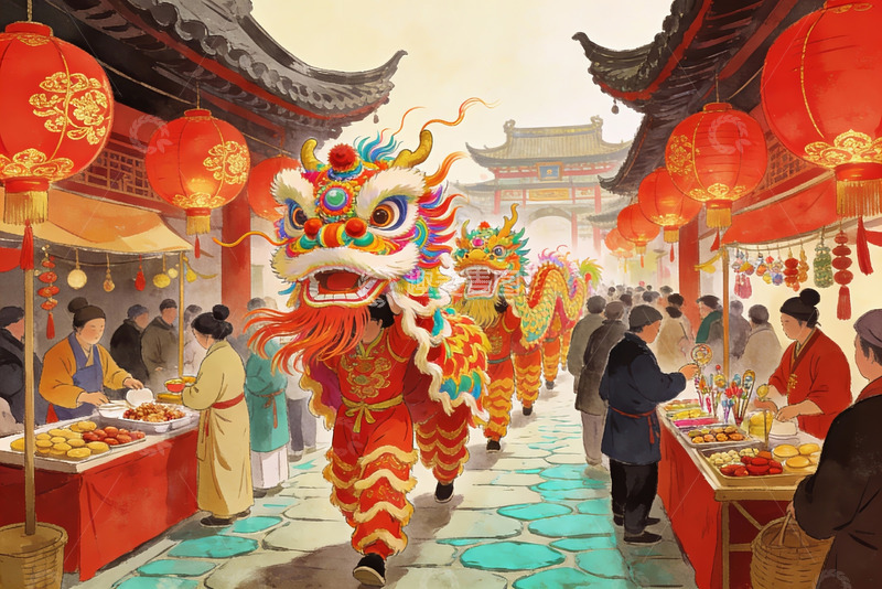 高清大图下载【趣麦麦图】热闹街市舞狮表演