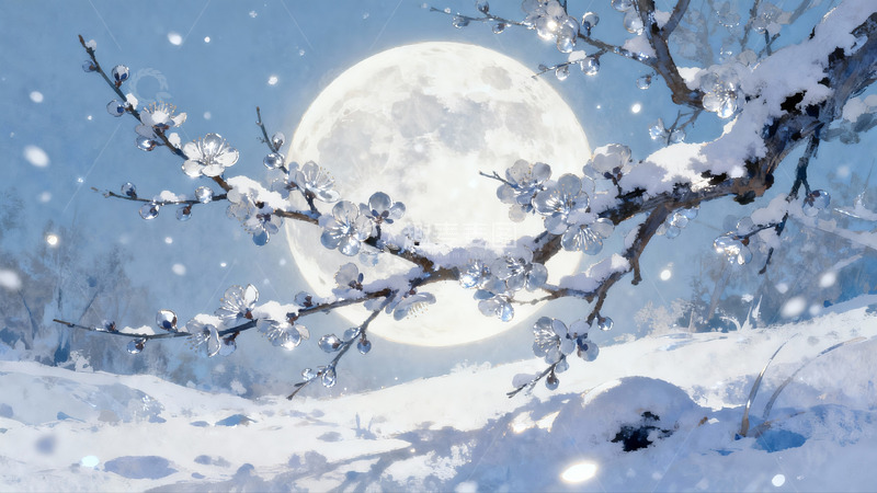 高清大图下载【趣麦麦图】雪夜月光下的梅花枝