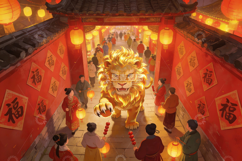 高清大图下载【趣麦麦图】灯火辉煌的节日街头舞狮场景