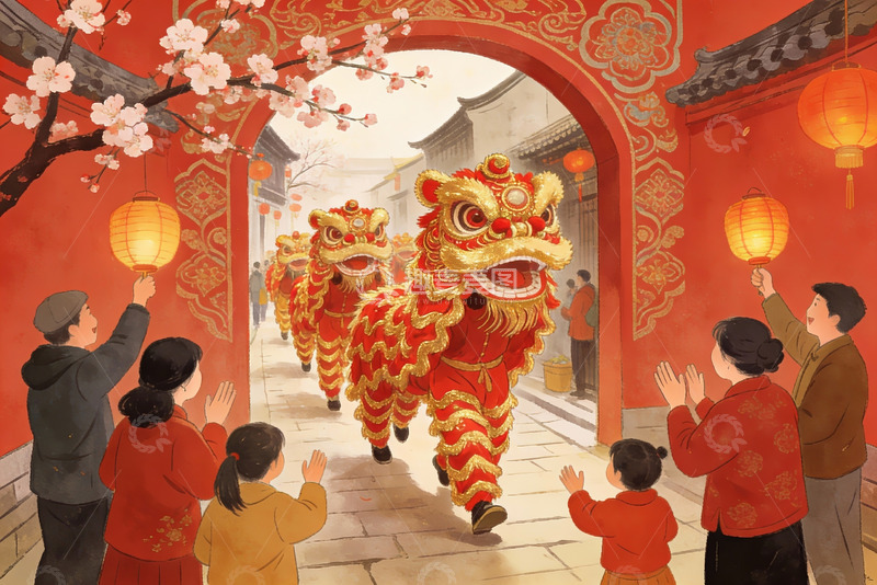 高清大图下载【趣麦麦图】舞狮巡街迎新春