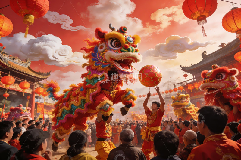 高清大图下载【趣麦麦图】舞狮表演热闹非凡