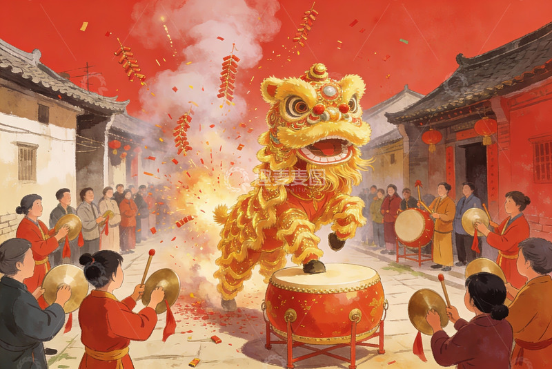 高清大图下载【趣麦麦图】热闹街巷舞狮表演庆佳节