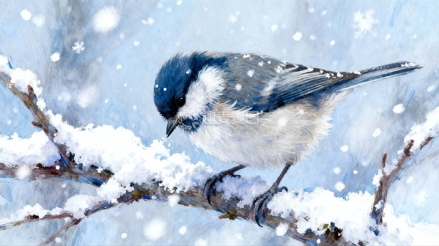 雪中栖息的蓝白小鸟