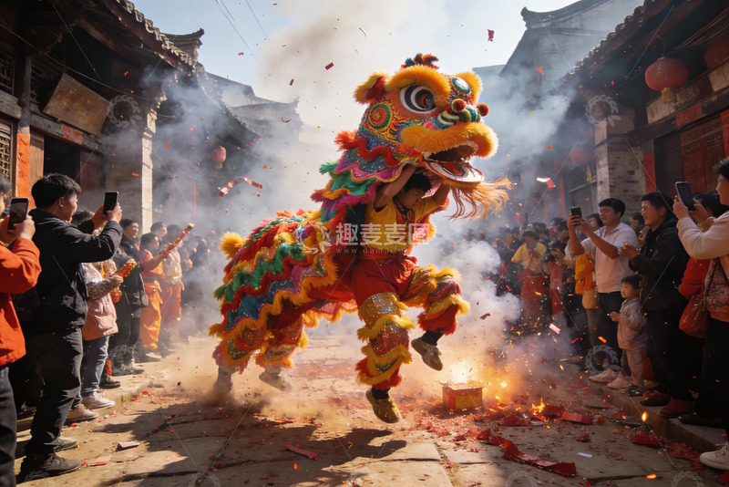 高清大图下载【趣麦麦图】街头舞狮表演热闹非凡