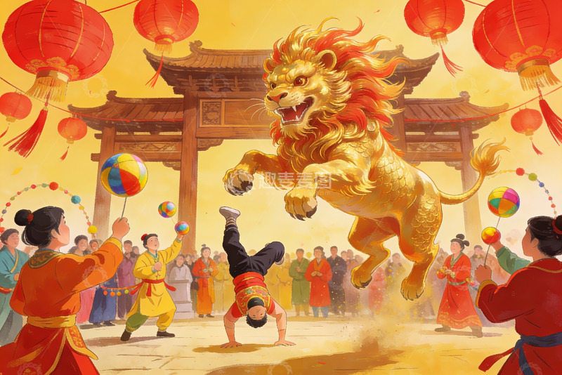 高清大图下载【趣麦麦图】传统舞狮表演热闹非凡