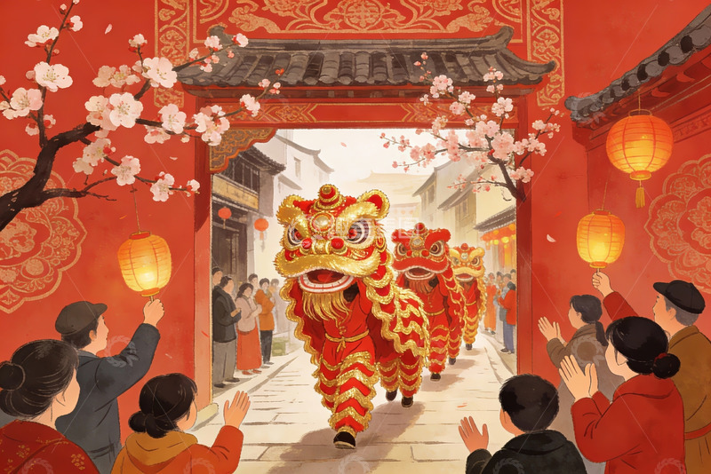 高清大图下载【趣麦麦图】春节舞狮热闹街景