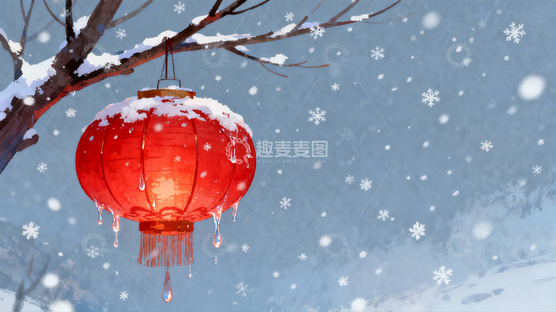 高清大图下载【趣麦麦图】雪中红灯笼挂树枝