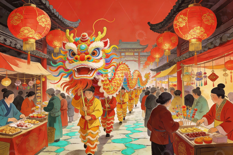高清大图下载【趣麦麦图】热闹街市舞龙庆佳节