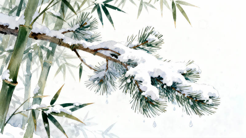 高清大图下载【趣麦麦图】雪覆竹松枝静美画卷