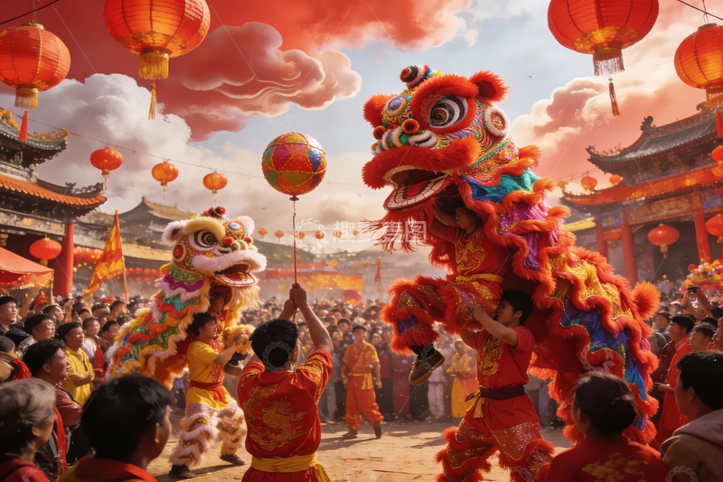 高清大图下载【趣麦麦图】舞狮表演热闹非凡