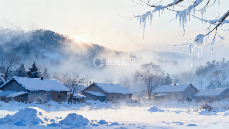 高清大图下载【趣麦麦图】雪后山村晨曦景色