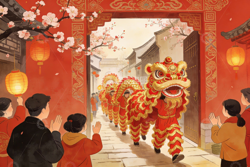 高清大图下载【趣麦麦图】春节舞狮街头热闹场景