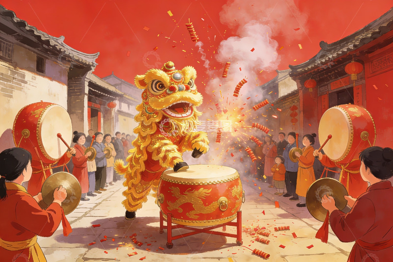 高清大图下载【趣麦麦图】春节舞狮热闹街景