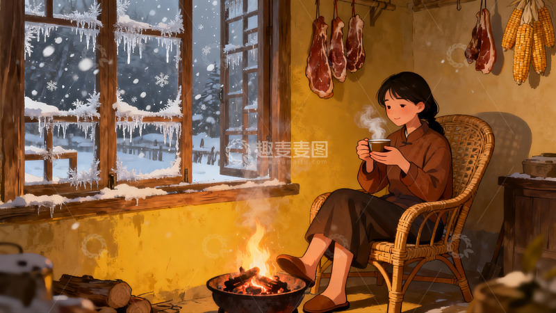 高清大图下载【趣麦麦图】冬日暖屋女子围炉饮茶