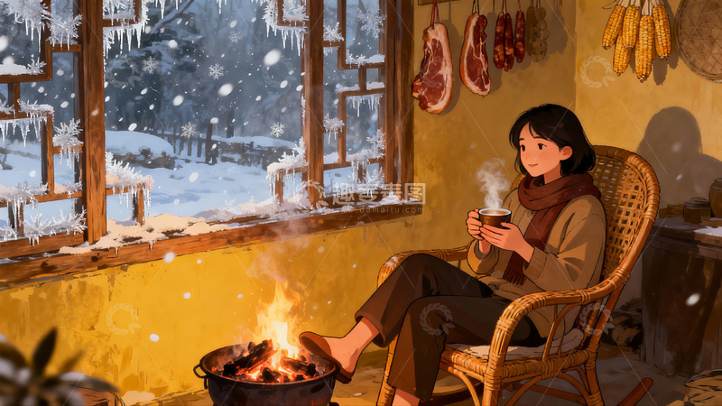 高清大图下载【趣麦麦图】冬日暖室女子围炉饮茶