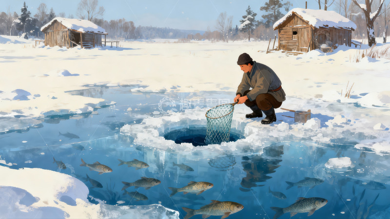 高清大图下载【趣麦麦图】雪地冰钓场景