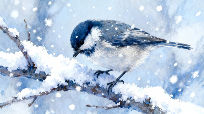 高清大图下载【趣麦麦图】雪中蓝白小鸟栖枝静景