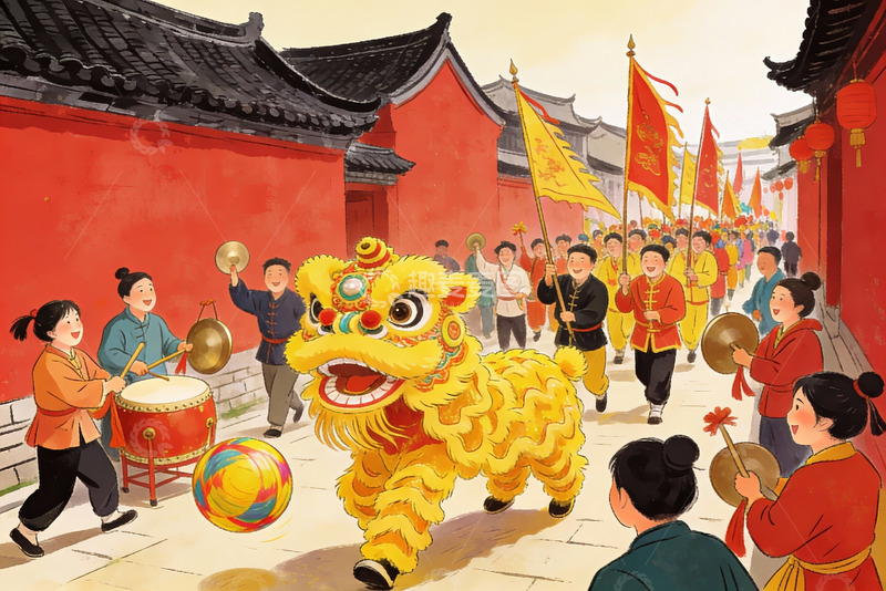 高清大图下载【趣麦麦图】传统舞狮庆典热闹街景