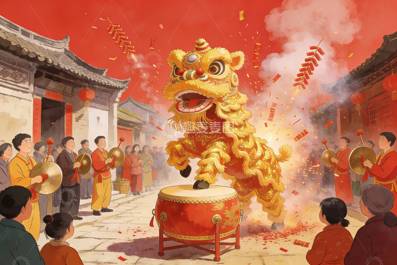 高清大图下载【趣麦麦图】舞狮表演热闹非凡