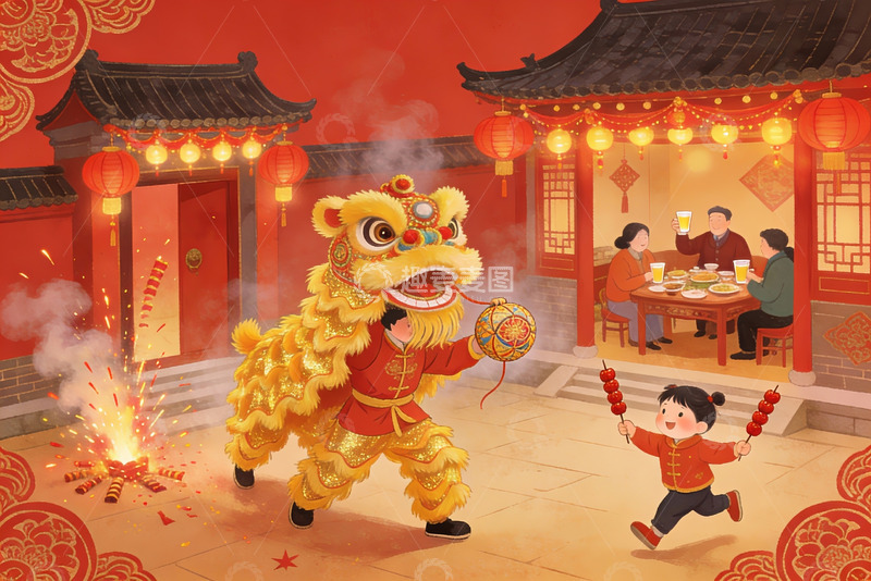高清大图下载【趣麦麦图】春节舞狮欢庆场景
