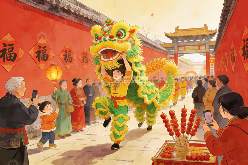 高清大图下载【趣麦麦图】春节舞狮街头热闹场景