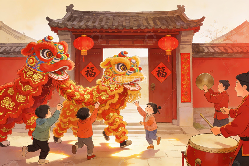 高清大图下载【趣麦麦图】春节舞狮欢庆场景
