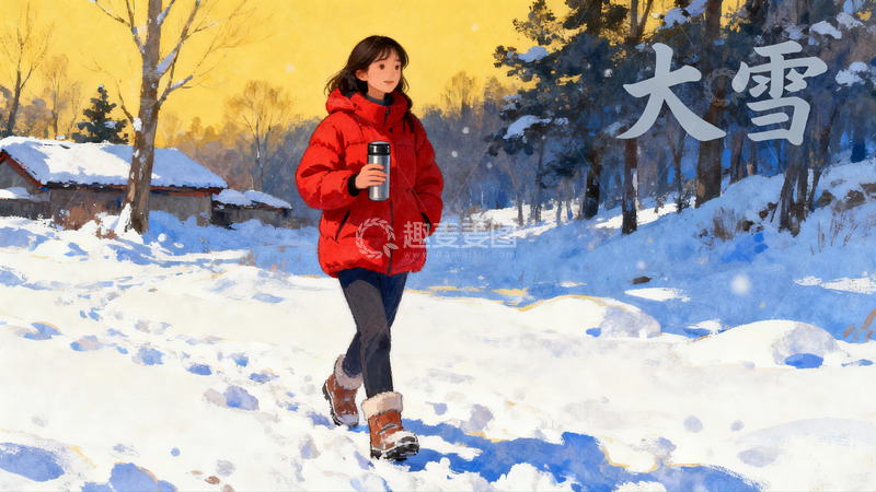 高清大图下载【趣麦麦图】红衣女子雪地行走