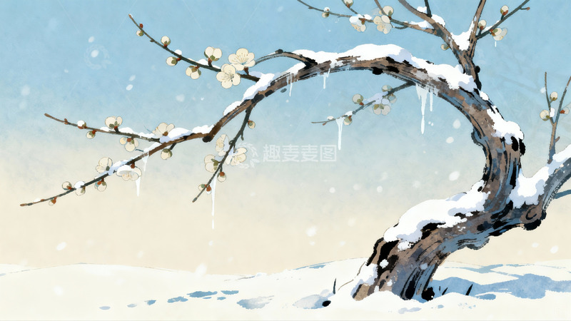 高清大图下载【趣麦麦图】雪中梅花绽放枝头