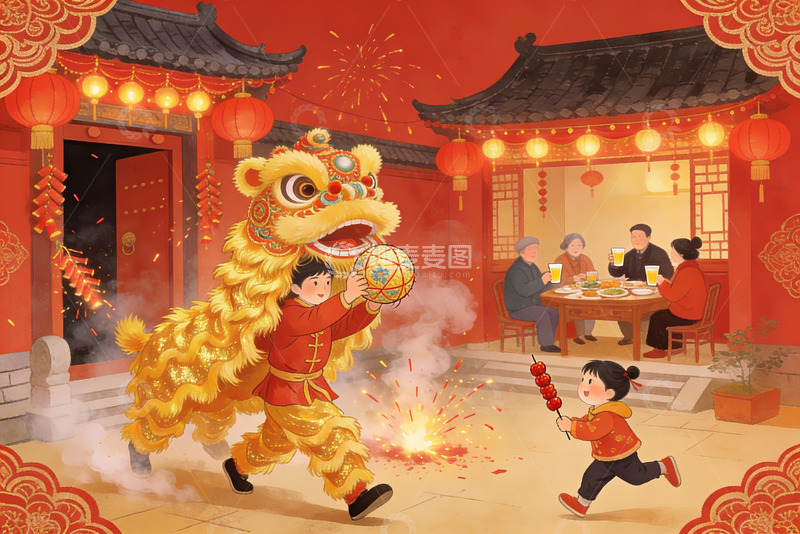 高清大图下载【趣麦麦图】春节舞狮欢庆场景
