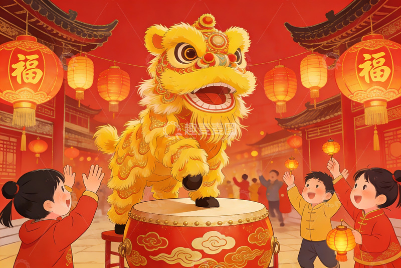 高清大图下载【趣麦麦图】春节舞狮欢庆场景